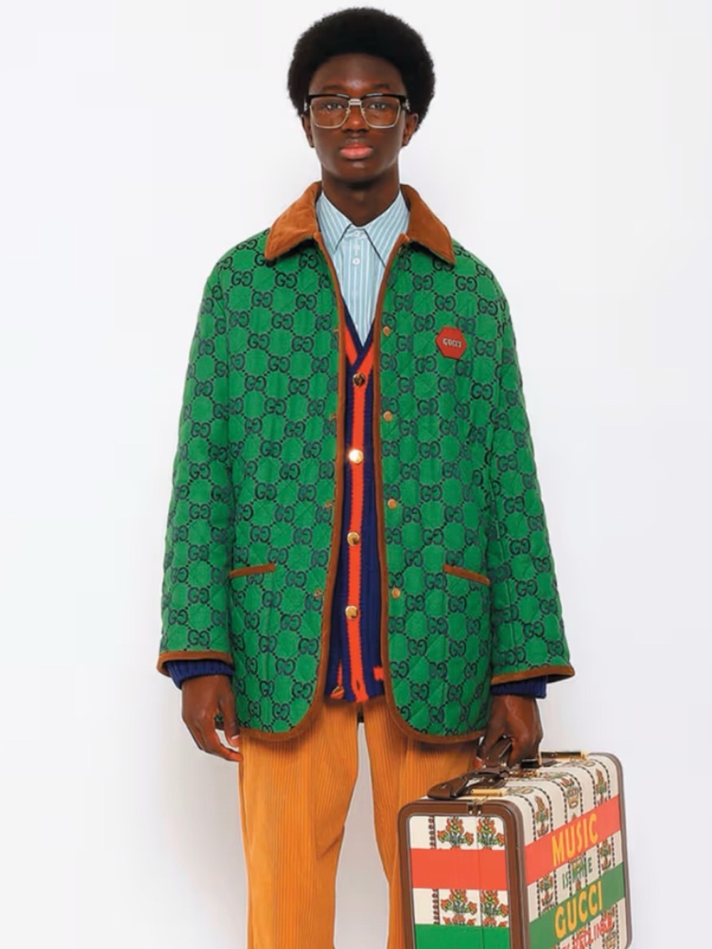 Rare Gucci Men’s 100th collection Green GG Quilted Jacket with Brown Trim